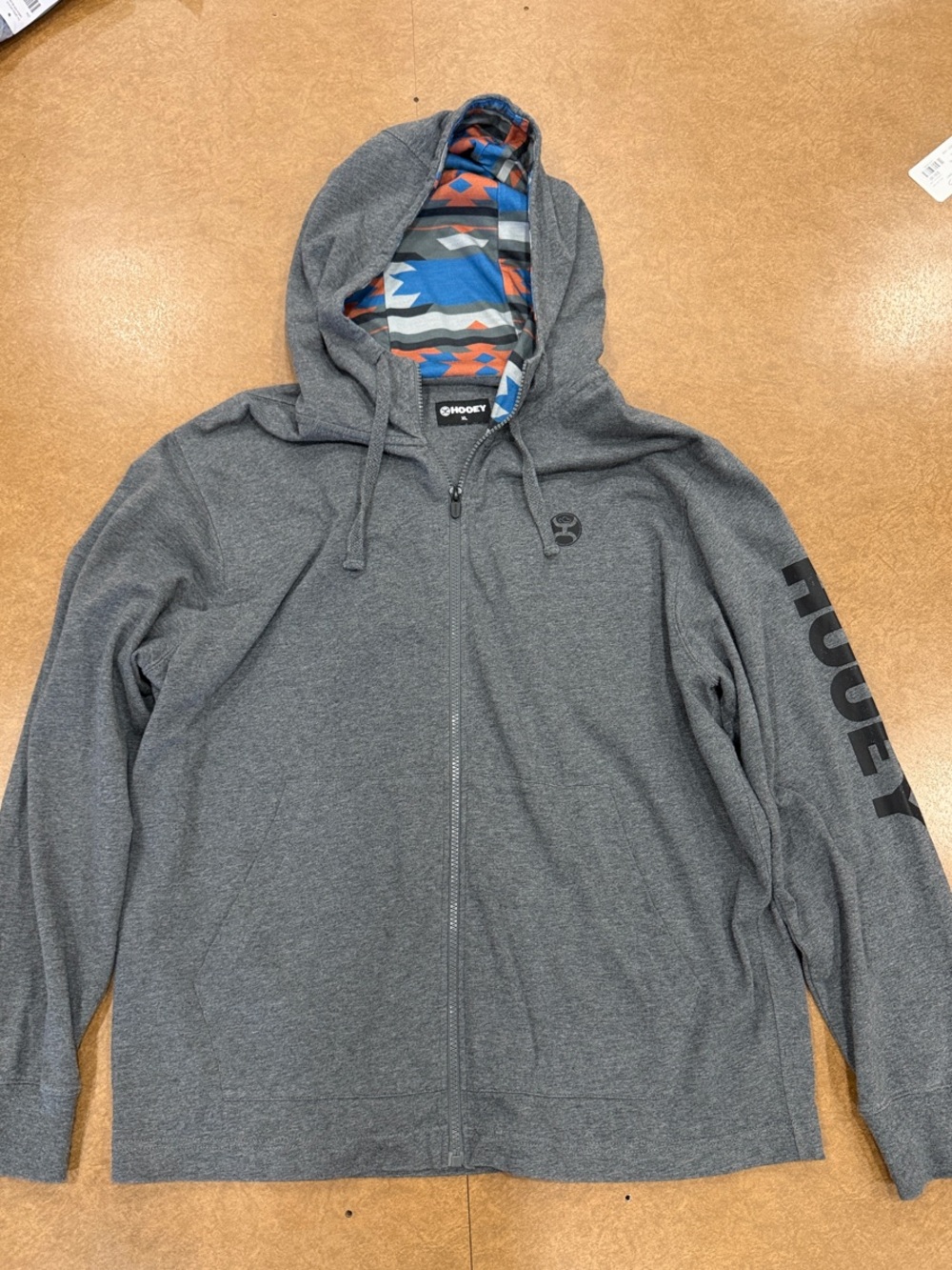 Hooey Charcoal Full-zip Hoodie with Aztec Hood Lining, Men’s XL